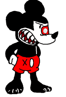 a black and white cartoon character with red eyes and red shorts .