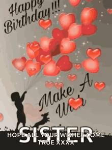 a birthday card for a sister with red balloons and hearts