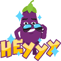 a cartoon illustration of an eggplant with sunglasses and the word heyy