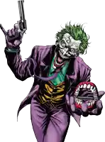 the joker is holding a gun and a pair of teeth in his hands