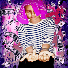 a girl with purple hair is surrounded by hundred dollar bills