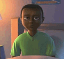 a cartoon boy in a green shirt is sitting on a bed looking at the camera .