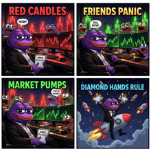 a cartoon of a purple frog holding an amc shares book