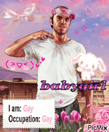 a picture of a man with a flower crown on his head that says i am gay