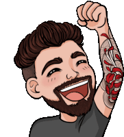 a cartoon drawing of a man with a beard and a tattoo on his arm