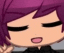 a close up of a cartoon character with purple hair and a black shirt .