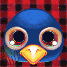 a blue bird with a yellow beak on a plaid background with the words this bird on the bottom