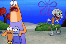 a cartoon of spongebob and squidward standing next to each other with a flower in the background