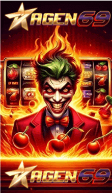 the joker is smiling in front of a slot machine with cherries on it .