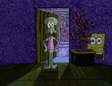 squidward and spongebob are standing in a room with purple walls