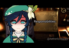 a cartoon of a girl with a flower in her hair and the words " responsibilities " on the bottom