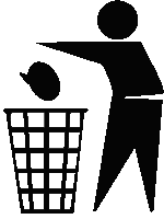 a black and white drawing of a person throwing a hat into a trash can