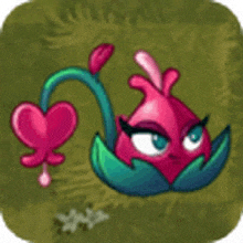 a cartoon flower with a heart shaped stem and leaves .