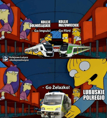a cartoon of bart simpson talking to a train that says go zelazko on it
