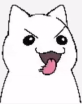 a white cat with a pink tongue sticking out is making a funny face .