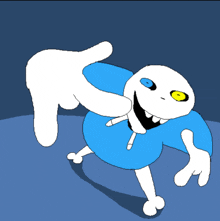 a cartoon drawing of a skeleton with blue eyes and a white hand pointing