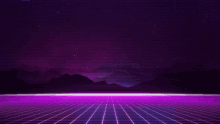 a purple background with a purple grid and mountains in the background .