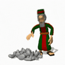 a cartoon of a man standing next to a pile of stones