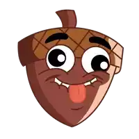 a cartoon acorn making a funny face sticking its tongue out