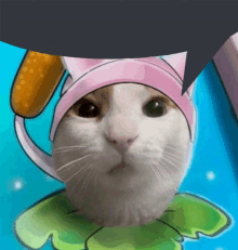 a cat wearing a pink hat with a speech bubble above its head