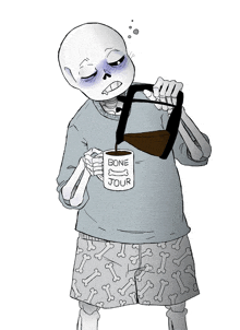 a drawing of a skeleton pouring coffee into a mug that says " bone jour "