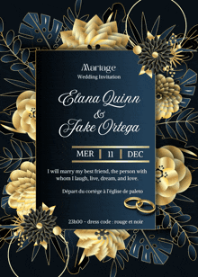 a wedding invitation for elena quinn and jake ortega