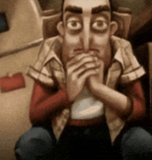 a cartoon man with big eyes is sitting with his hands on his mouth