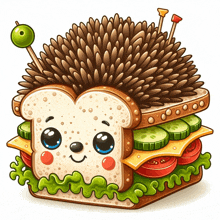 a hedgehog is sitting on a sandwich with lettuce tomato and cheese