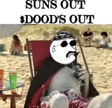 a cartoon of a man sitting in a chair on the beach with the words suns out $ doods out .