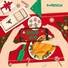 an illustration of a person taking a picture of a christmas meal with a merck logo behind them