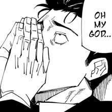 a black and white drawing of a man covering his face with his hands and the words oh my god