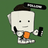 a cartoon of a marshmallow holding a cup of coffee and a cell phone