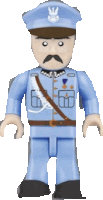 a lego figure of a man with a mustache wearing a blue uniform and hat