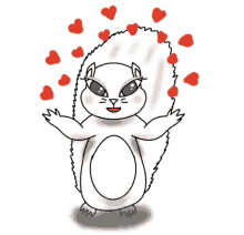 a cartoon drawing of a squirrel with hearts around it