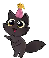 a cartoon cat wearing a pink party hat with a yellow flower on top