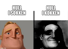 a cartoon character and a black and white photo with the words hull i sokken