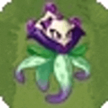 a purple flower with green leaves and a skull on top of it .