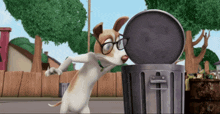 a cartoon dog wearing glasses is sniffing a trash can