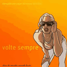 a cartoon of a woman wearing sunglasses and a bra on a yellow background .