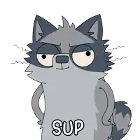 a cartoon drawing of a raccoon with the word sup written on it