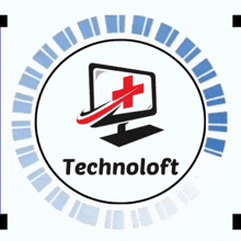 a logo for technoloft shows a computer monitor with a cross on it