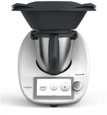 a vorwerk thermomix cooking machine with a black lid