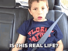 a young boy wearing a florida shirt is sitting in the back seat of a car with a seat belt on