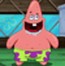 patrick star from spongebob squarepants is smiling and standing on a green field .