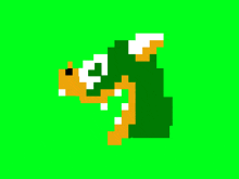 a green and orange pixel art of a frog on a green screen