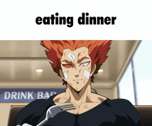 a man with a bandage on his face is holding a fork in front of a drink bar sign