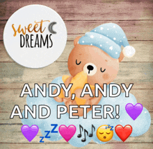 a teddy bear sleeping on a cloud with the words andy and peter below it