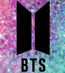 the bts logo is on a purple and blue glittery background