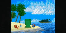 a pixel art of a beach scene with palm trees buckets and a beach ball