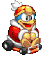 a pixel art drawing of a cartoon character sitting on a sleigh .